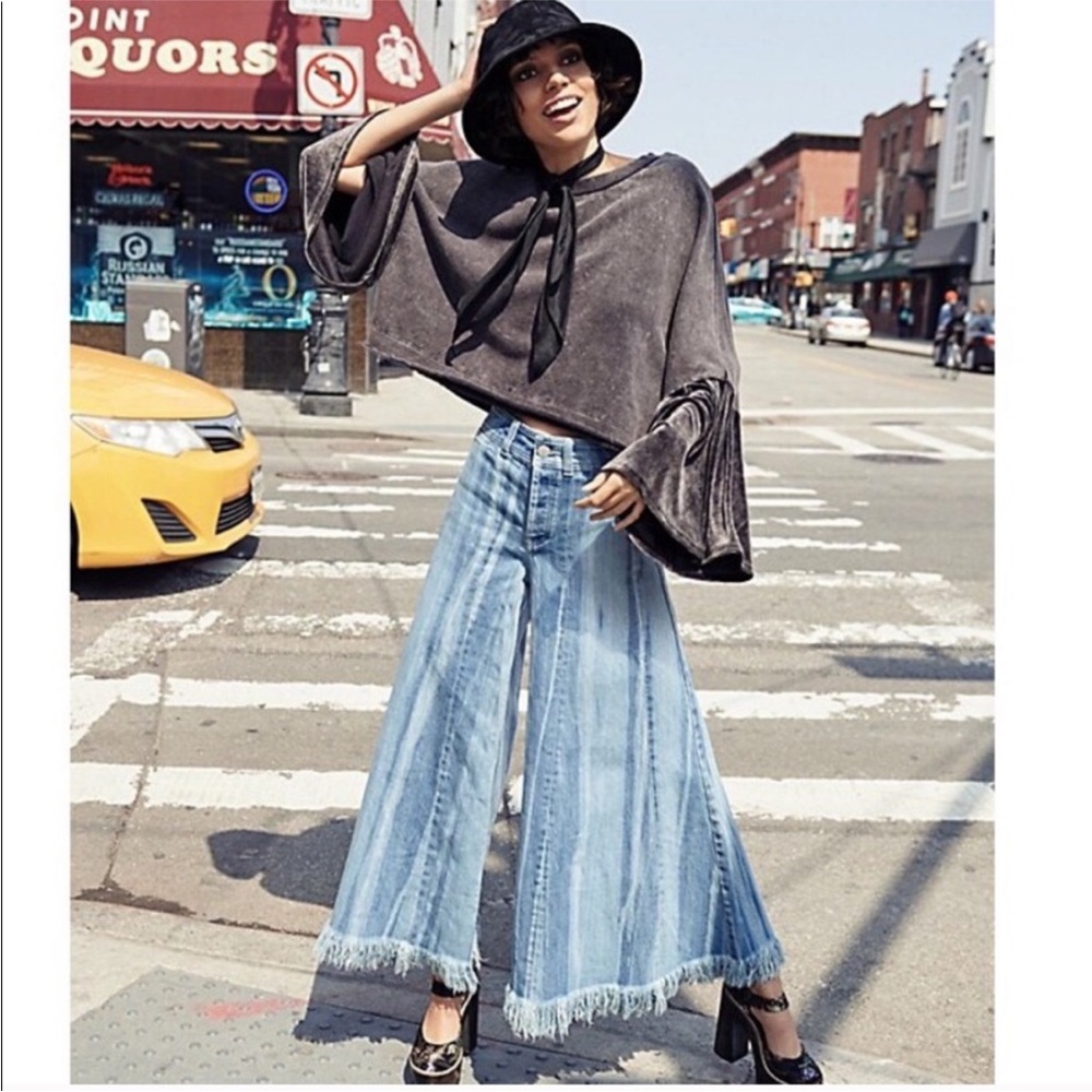 Free People Glorious Sleeve Charcoal Velvet Cropped shirt with bell sleeves